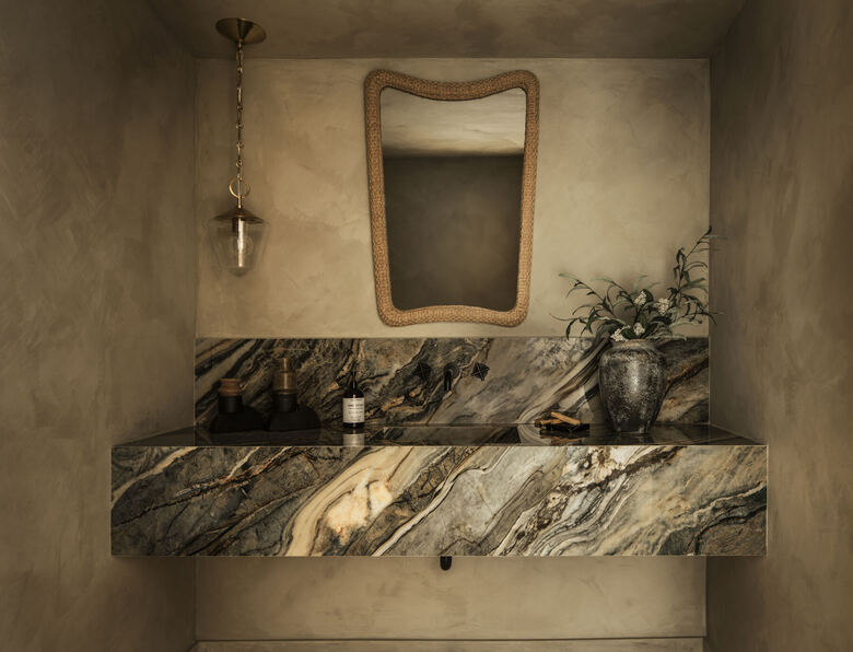 Vanity vignette with curved mirror